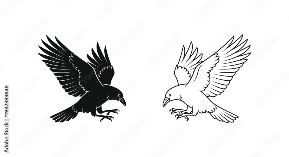 Obraz premium Bird, flying birds, black and white illustrations, raven, eagle icons, vector graphics