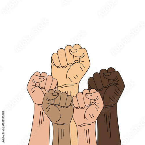 Diverse Group of Raised Fists Symbolizing Unity and Solidarity