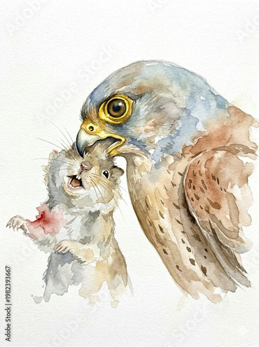 A Lesser Kestrel (Falco naumanni) and a frightened mouse it has caught in its talons. A natural and dramatic scene painted in watercolor.