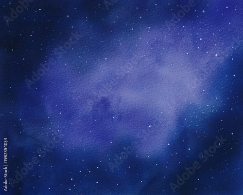 Watercolor starry sky with soft blue and purple tones. Celestial abstract background with scattered stars and cloudy texture. Dreamy cosmic illustration for wallpaper, cards, prints, design projects