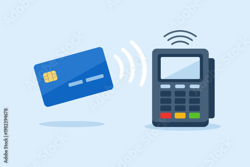 Modern contactless payment illustration featuring a blue credit card hovering near a POS terminal with wireless signal waves, representing secure digital transactions and NFC technology.