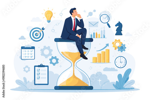 Businessman sitting on a giant hourglass thinking about creative business solutions and strategic planning. Concept of time management, problem solving, decision making, and productivity icons.