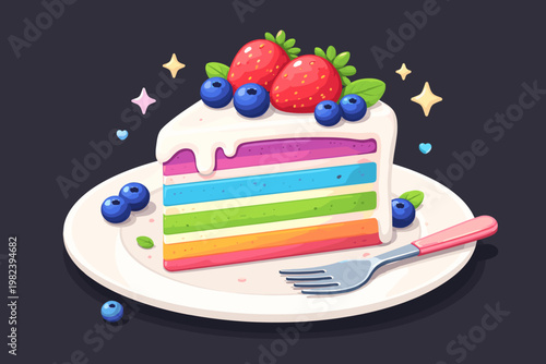 Vibrant 3D vector illustration of a delicious rainbow multilayered cake slice served on a white plate with a fork, topped with fresh strawberries, blueberries, and mint leaves on a dark background.