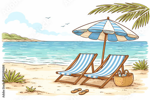 Hand-Sketched Summer Beach Scene with Blue and White Striped Deck Chairs, Umbrella, and Straw Bag on Sandy Shore, Mediterranean Seaside Vacation Illustration for Travel and Relaxation Concepts