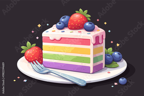 Colorful Rainbow Layer Cake Slice Vector Illustration with Fresh Strawberries, Blueberries, and Sprinkles on a White Plate with a Fork, Sweet Dessert Pastry for Celebration and Birthday.