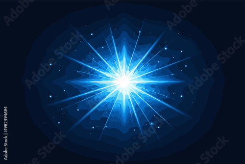 Blue light burst against dark background. Glowing starburst with bright rays and sparkling particles. Abstract vector illustration of a cosmic explosion, shining star, or magic flare effect.