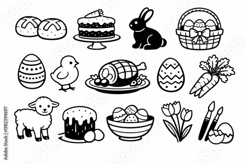 Collection of Easter Food and Symbol Icons Featuring Traditional Holiday Treats like Hot Cross Buns, Carrot Cake, Bunny, Basket with Eggs, Chick, Ham, Carrots, Lamb, Tulips, and Painting Supplies.