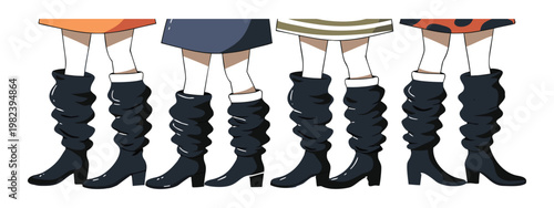 Women boots fashion vector set. Stylish knee high slouchy footwear with heels paired with skirts for trendy outfit looks. Modern apparel illustration for retail catalog branding and style inspiration.