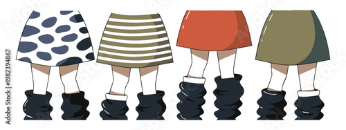 Women boots fashion vector set. Stylish knee high slouchy footwear with heels paired with skirts for trendy outfit looks. Modern apparel illustration for retail catalog branding and style inspiration.