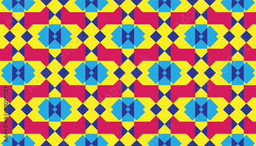 Colorful geometric seamless pattern with vibrant abstract shapes vector. Modern Islamic geometric ornament, vibrant pink, yellow and blue tiling background