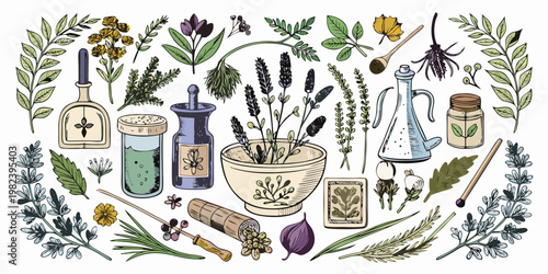 Vintage Hand Drawn Herbalism and Apothecary Botanical Illustration Set