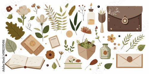 Collection of Vintage Botanical Elements and Rustic Stationery Items