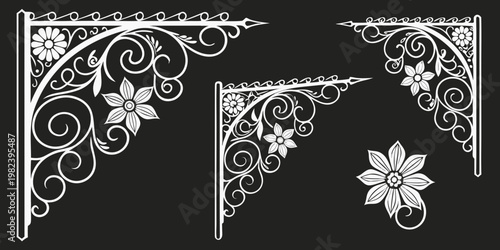 Set of Vintage Floral Decorative Corner Brackets on Black Background