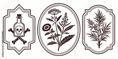 Vintage Apothecary Labels with Herbs and Poison Bottle Illustration