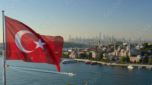 Turkish Flag Waving Over Istanbul Bosphorus With Cityscape
