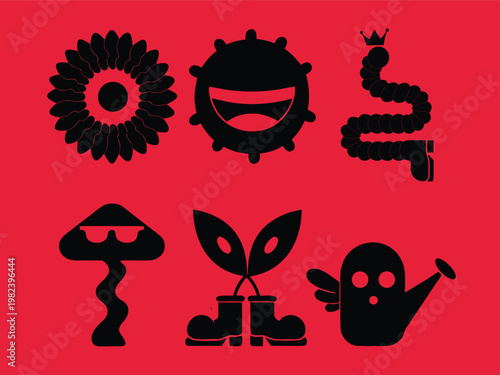 Bold Black Silhouette Whimsical Nature and Creature Icon Set on Red Background