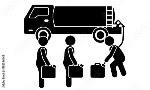 給水車と給水に並ぶ人々のモノクロピクトグラム　災害・断水