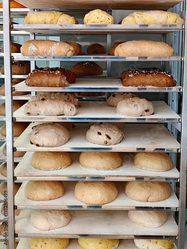 Freshly Baked Bread Rolls on Bakery Racks – Food Production, Baking Industry, Artisan Bread