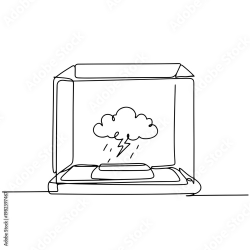 Continuous line illustration of a bell jar with a tiny storm cloud inside, conceptual metaphor of inner emotions, anxiety, containment, and mental state