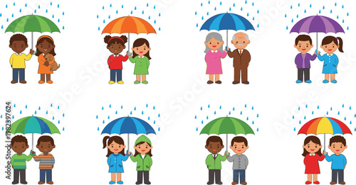 Diverse people sharing umbrellas in rain character collection