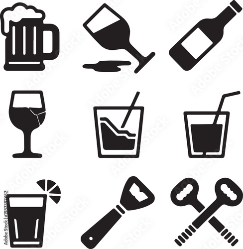 Alcohol and bar icons set, black silhouette beverage symbols including beer mug and wine glass, cocktail and bottle opener vector elements