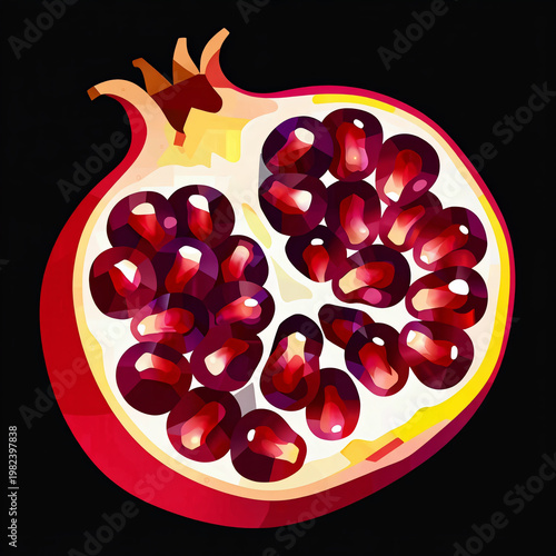 A stylized, halved pomegranate on a black background features bold lines and a vibrant color palette reminiscent of vintage food packaging and modern pop art.