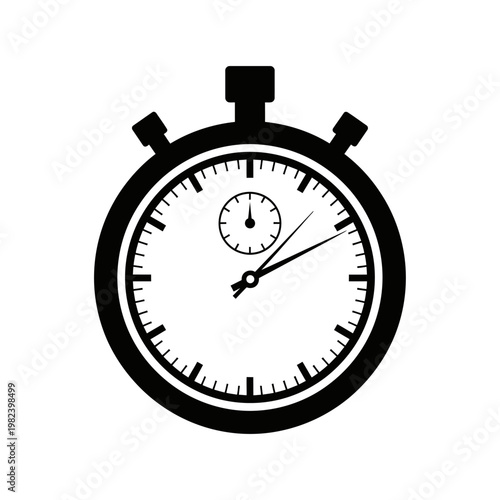 A black and white illustration of a stopwatch with detailed dial and buttons