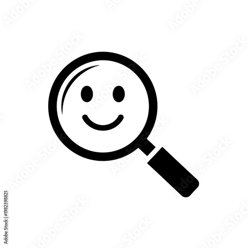 A black icon of a magnifying glass with a smiley face in the lens. Handle is at a diagonal