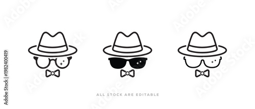 line style Gentleman character icon set with Hipster hat, glasses, and bow tie  icon vector illustration