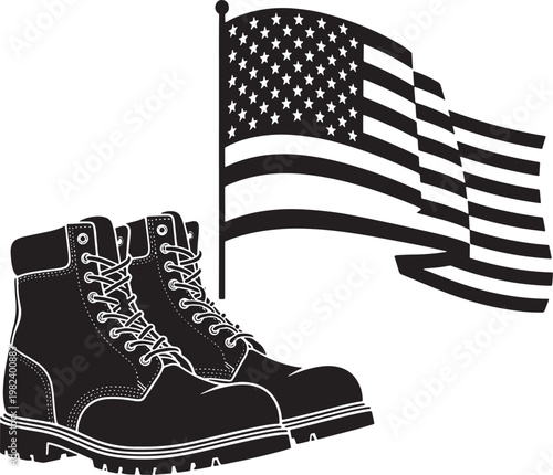 Memorial day remembrance boots and american flag honoring fallen heroes