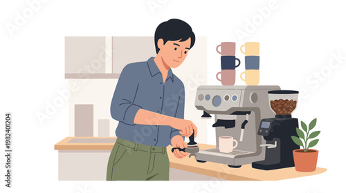 Barista tamping coffee grounds into portafilter at home cafe