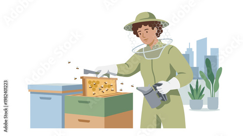 Beekeeper tending to beehive on city rooftop garden