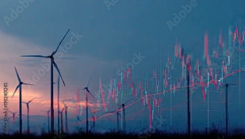 A serene landscape featuring a wind farm silhouetted against a vibrant sunset sky, overlaid with a dynamic stock market chart, symbolizing the intersection of renewable energy and financial growth.