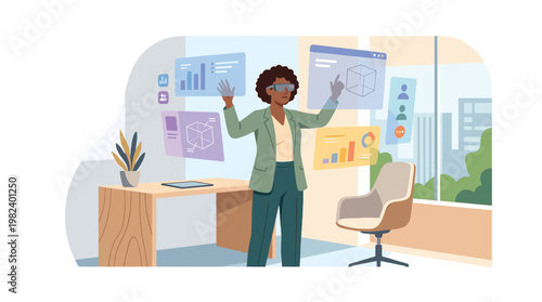 Black businesswoman using augmented reality screens in a modern office space