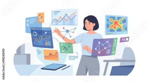 Businesswoman analyzing data on interactive virtual dashboard in office