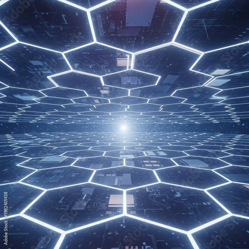 Futuristic hexagonal circuit board pattern with glowing white lines and bright light center