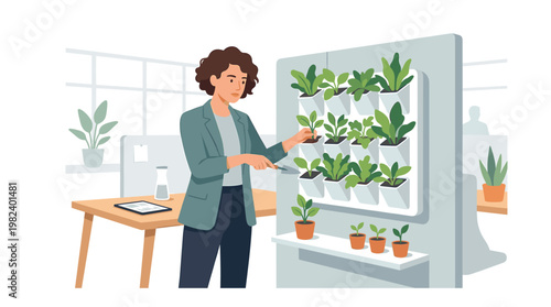 Businesswoman tending vertical indoor garden in modern office