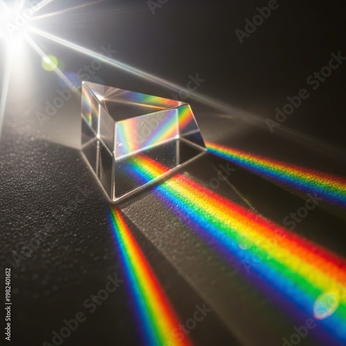 Glass prism refracting light into rainbow colors on black surface