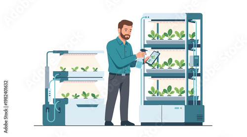 Farmer using mobile app to manage indoor vertical hydroponic garden plants