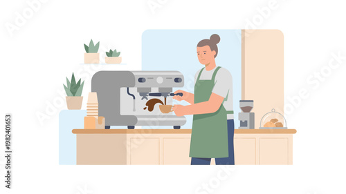 Female barista making coffee with espresso machine in modern minimalist cafe