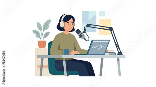 Female podcaster wearing headphones recording at desk with microphone
