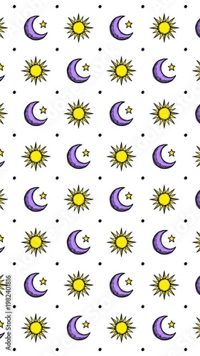 Cartoon Doodle Sun and Crescent Moon Pattern, Hand Drawn Celestial Icons Moving Right with Jelly Animation on White Background, Motion Graphics Seamless Loop, 9:16 Vertical Video