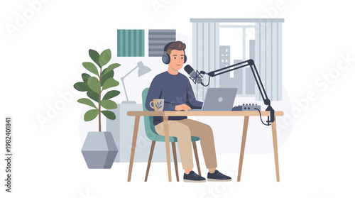 Male podcaster using microphone and laptop at home office