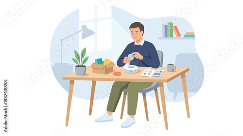 Man assembling electronic device at desk in modern home office