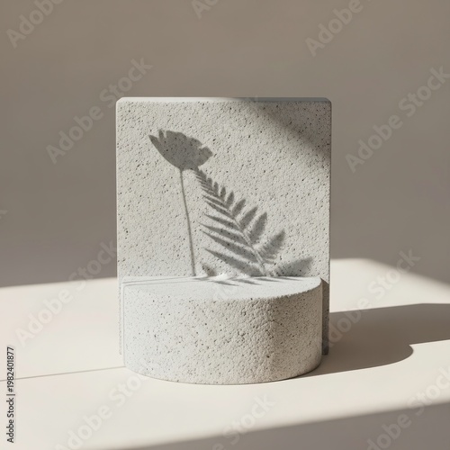 Gray concrete pedestal and rectangle with leaf shadows on surface
