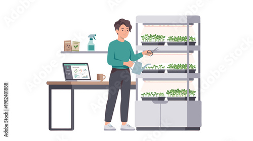 Man caring for microgreens in smart indoor vertical garden