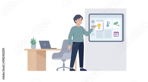Man interacting with smart control panel in modern office