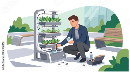 Man inspecting vertical hydroponic garden system in an urban park