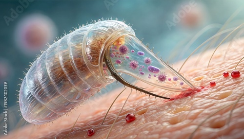 Close-up shows a blood-sucking flea biting human skin. Tiny creature pierces skin with mouthparts. Red droplets indicate feeding activity. Skin texture and hairs are clearly visible