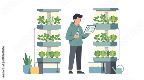 Man managing indoor vertical garden with tablet for sustainable agriculture